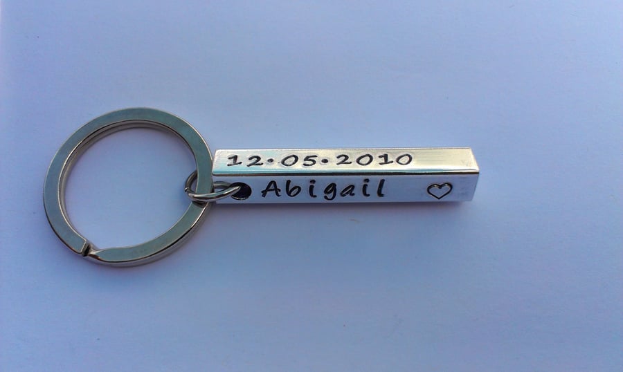 Hand Stamped personalised four sided bar keyring