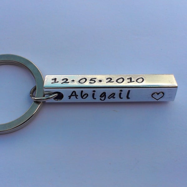 Hand Stamped personalised four sided bar keyring