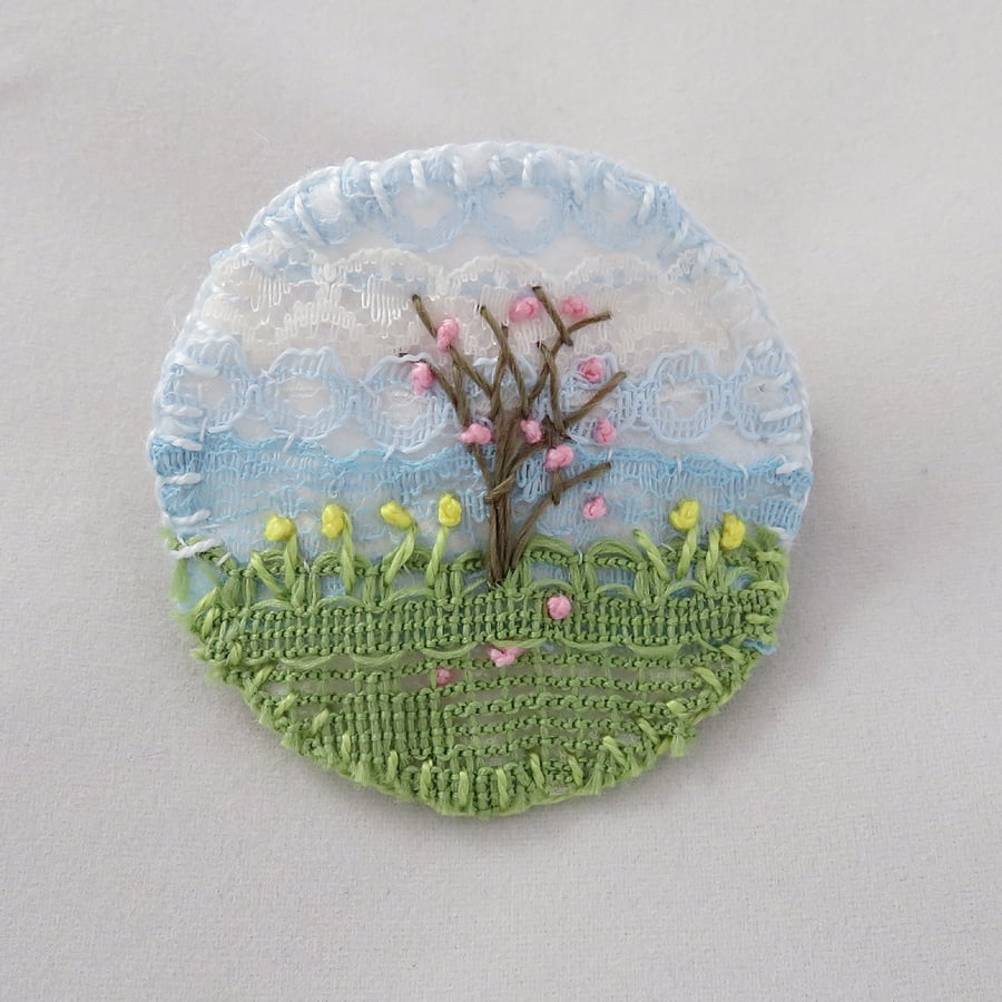 Spring Blossom Brooch Hand Embroidered Layered Lace