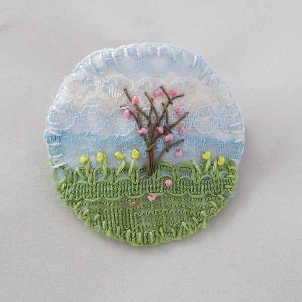 Spring Blossom Brooch Hand Embroidered Layered Lace