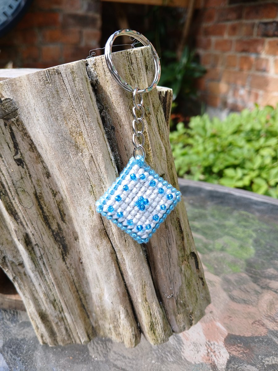 Key Ring, Embroidered with Beads on Plastic Canvas