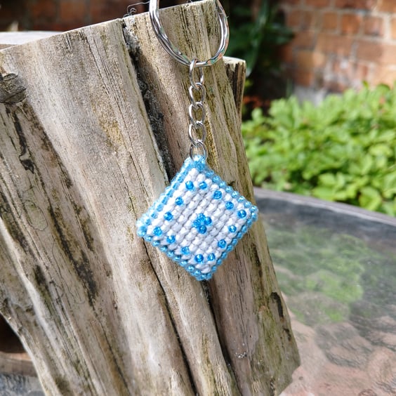 Key Ring, Embroidered with Beads on Plastic Canvas