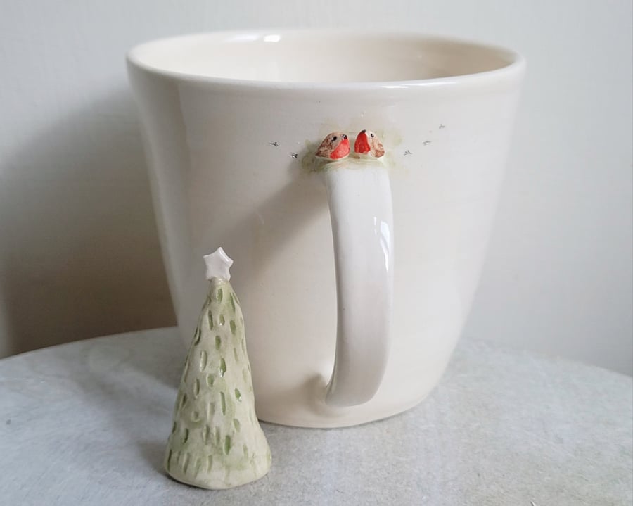 Ceramic robin couple cup with footprints, Christmas birds & grass handmade mug