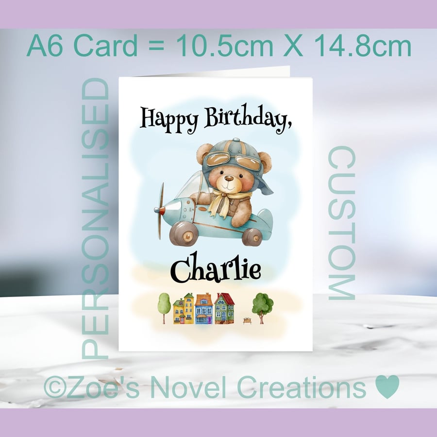 Birthday Bear in a Plane Greetings Card, personalised, A6 10.5cm x 14.8cm