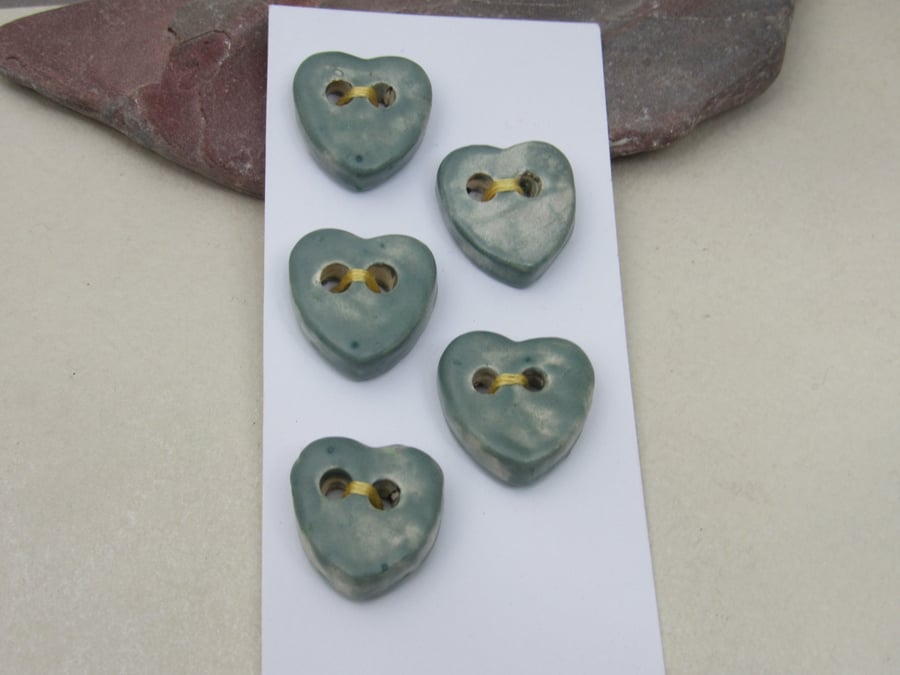 5 Small Heart Shaped Sage Green Handmade Ceramic Buttons