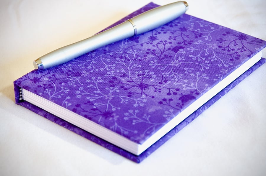 A6 Hardback Notebook with full cloth purple flower cover