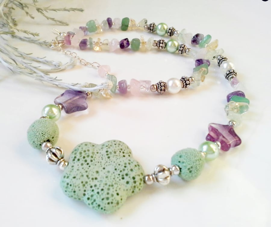 Lava Rock, Rainbow Fluorite, Shell Pearl Necklace Tibetan Silver