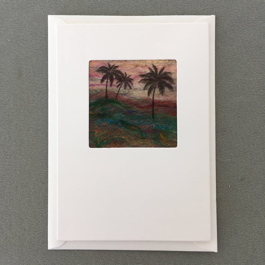Greeting card, print on hand made silk paper, palm trees 2