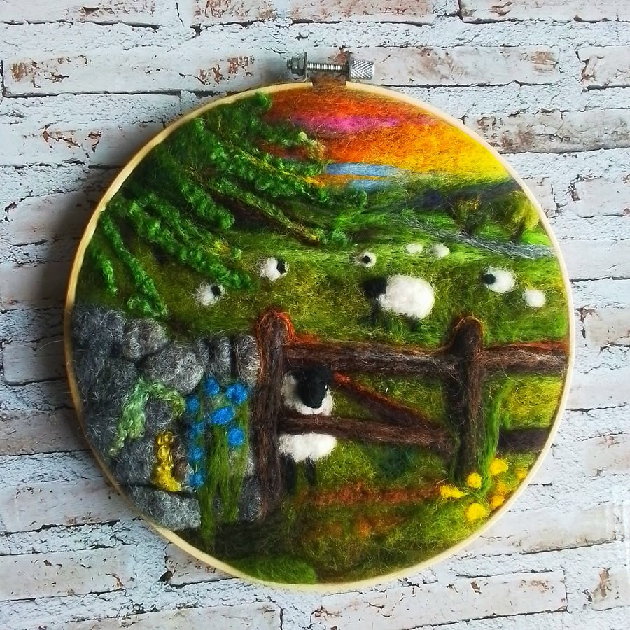 Needlefelted countryside landscape sheep at sunset