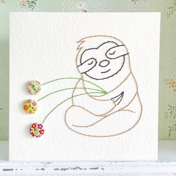 Sloth Card. Hand Sewn Card. Blank Card. Mothers Day Card. Embroidered Card.