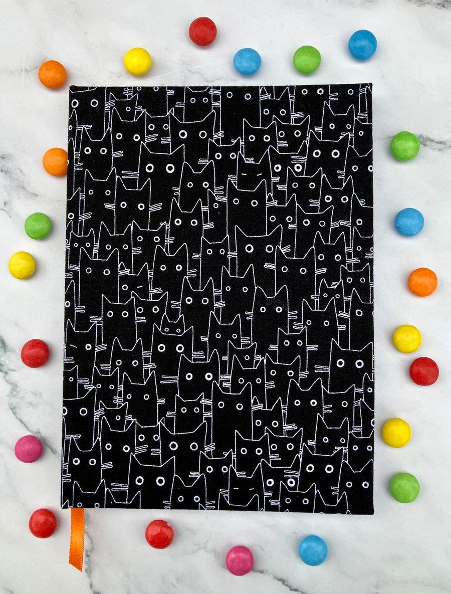 Handmade A5 Black Cat Notebook, Sketchbook or Journal Orange