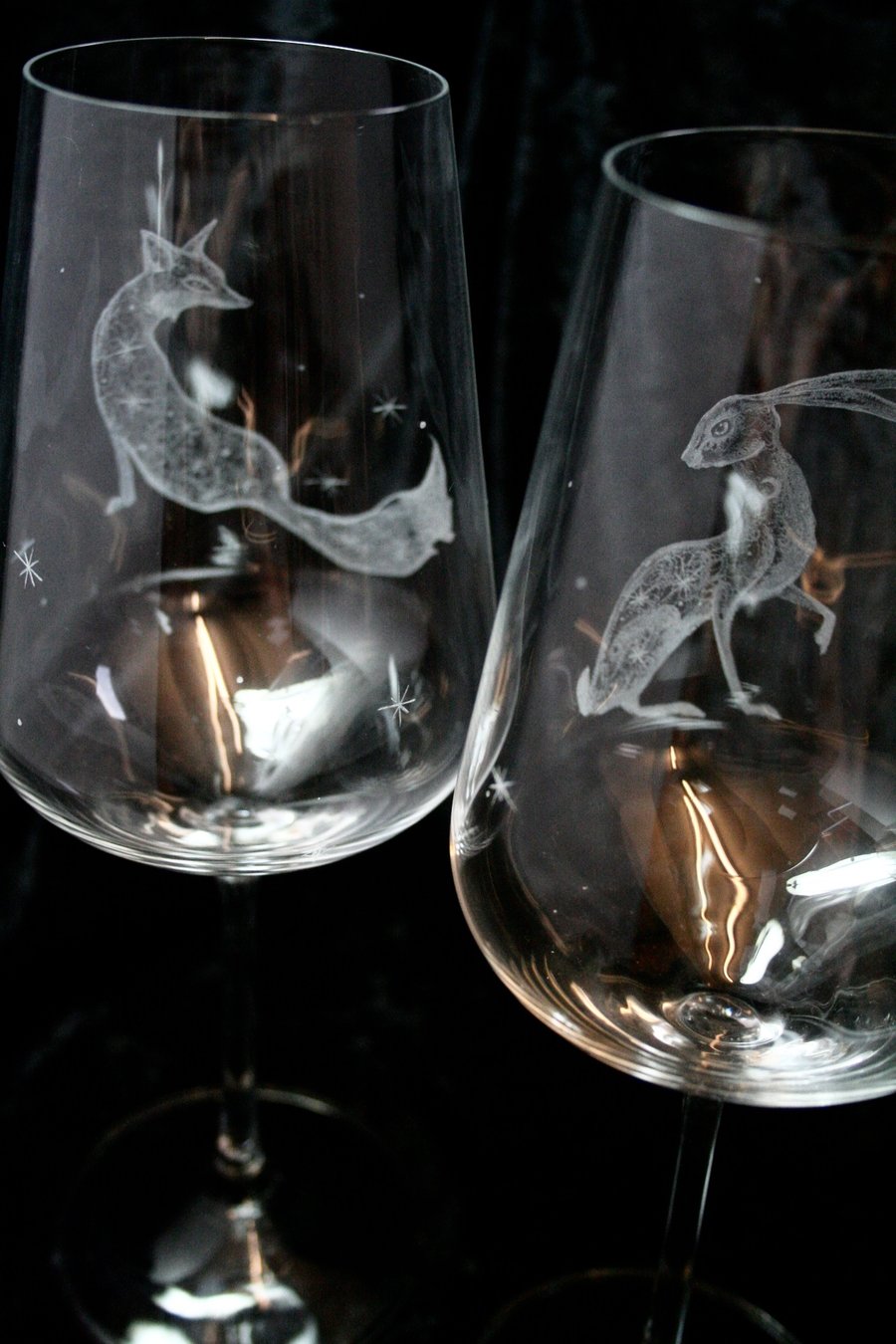 Pair Of Bohemia Crystal Wine Glasses, Mystic Hare & Fox