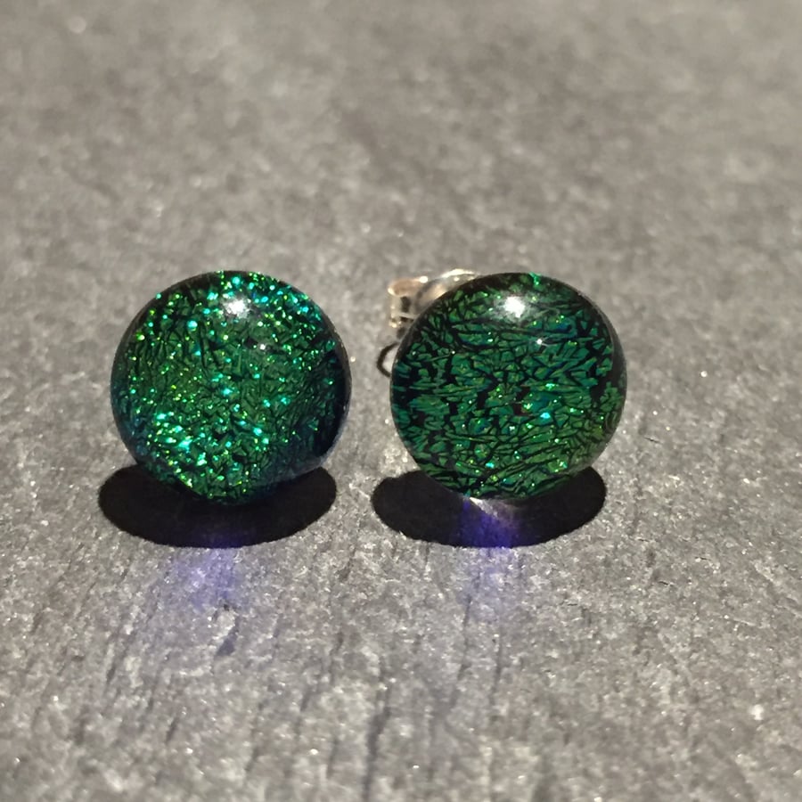 Green stud earrings, dichroic fused glass earrings, sterling silver