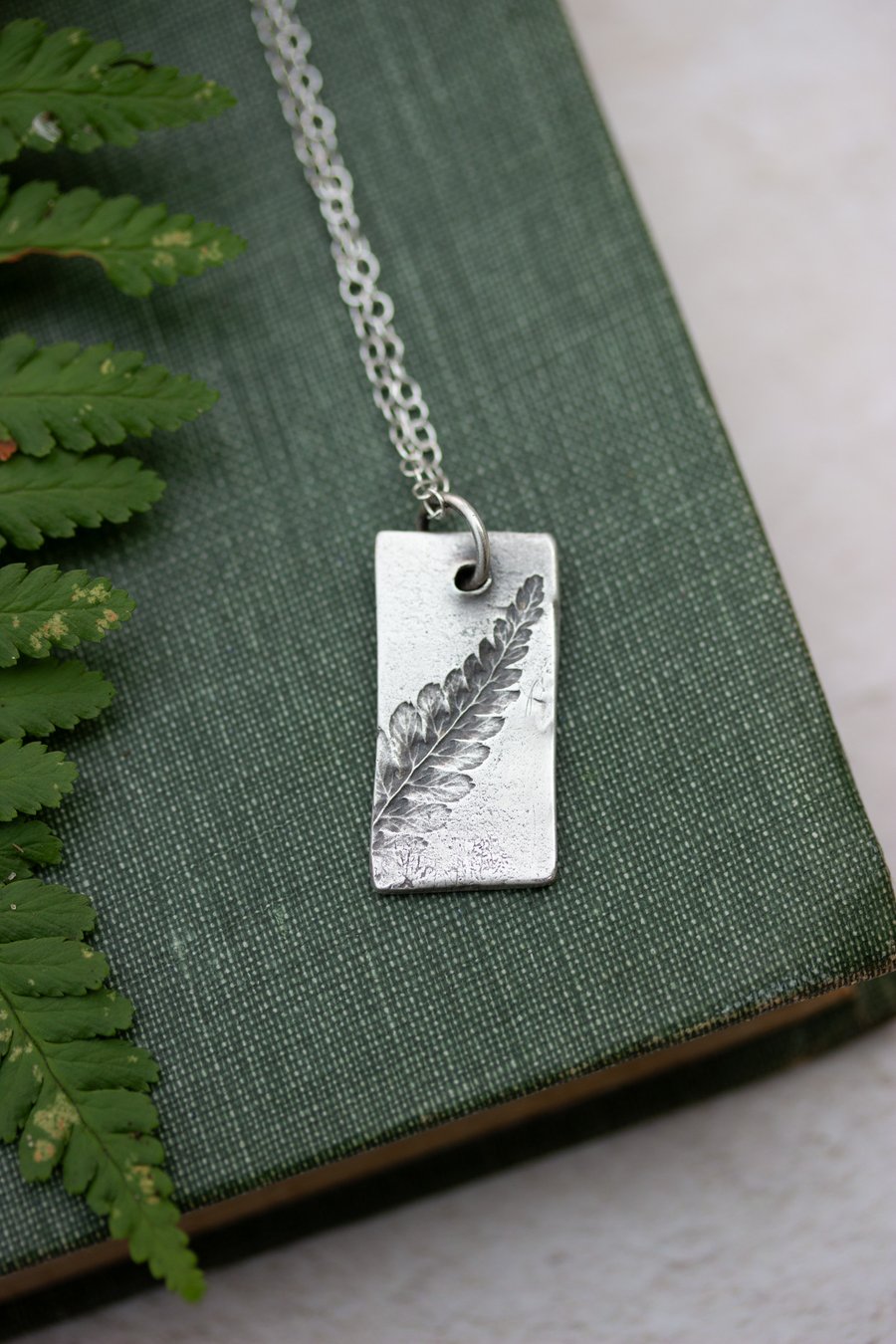 Recycled Silver Fern Leaf Pattern Oxidised Rectangle Pendant, Nature Inspired