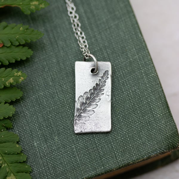 Recycled Silver Fern Leaf Pattern Oxidised Rectangle Pendant, Nature Inspired