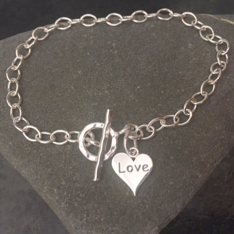 Sterling Silver Love Heart Charm Chain Bracelet With Toggle Clasp