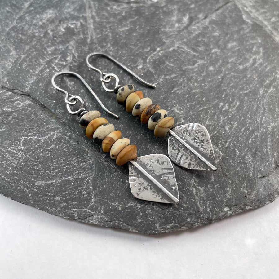 Silver and jasper long spear earrings