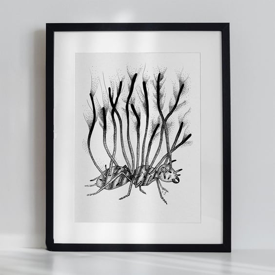 Black & White Ant Art Print Illustration Nature Meets Horror with Cordyceps Fung