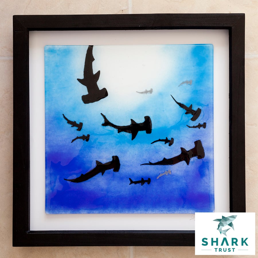 'School of Hammerhead Sharks' Fused Glass Framed Painting - Original
