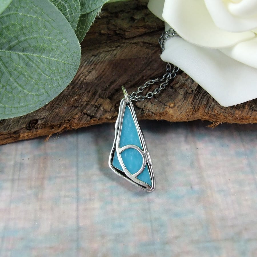 Necklace, Sky Blue and Sterling Silver Stained Glass Effect Pendant