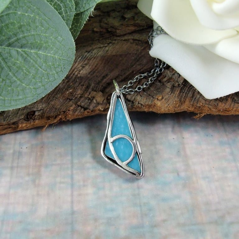 Necklace, Sky Blue and Sterling Silver Stained Glass Effect Pendant