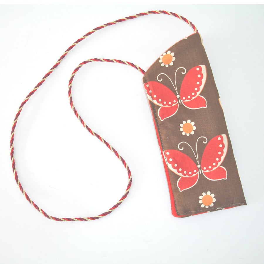 Butterfly Glasses Case Sleeve Soft Butterflies With Cord Red Brown
