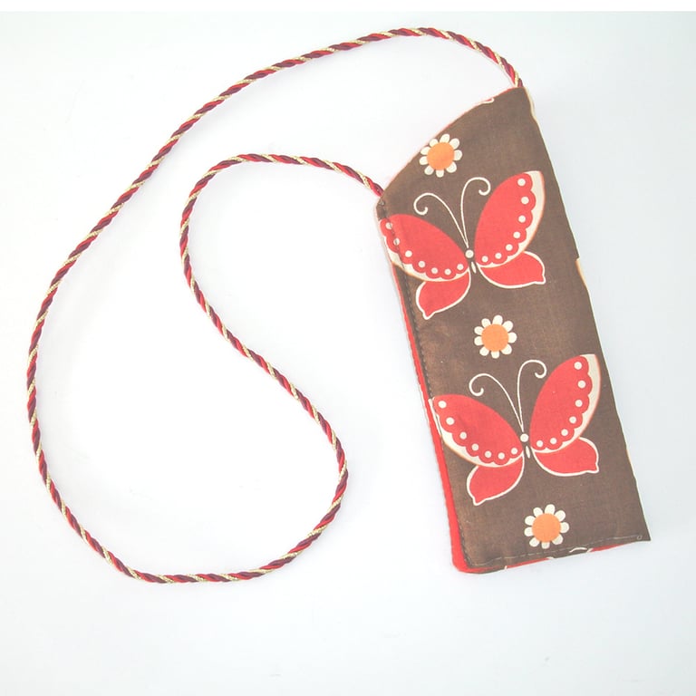 Butterfly Glasses Case Sleeve Soft Butterflies With Cord Red Brown