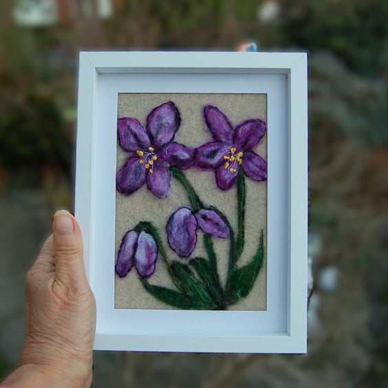 Hellebores -  needle felted and hand embroidered  framed picture