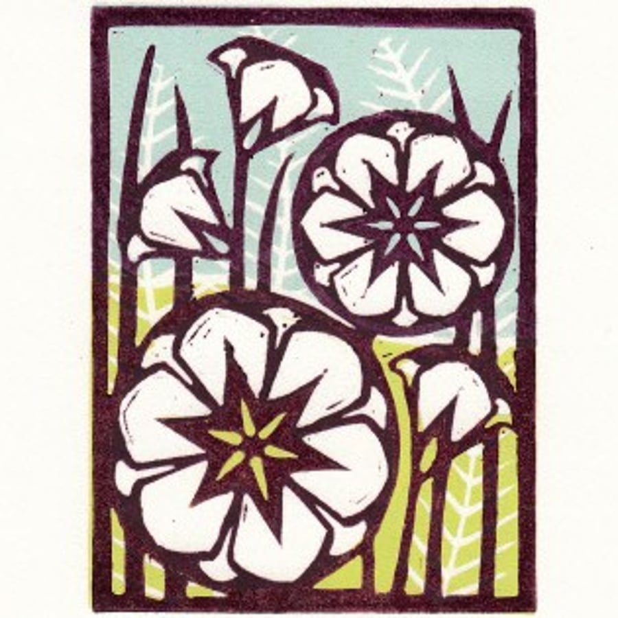 Original Linoprint Burgundy Flowers 