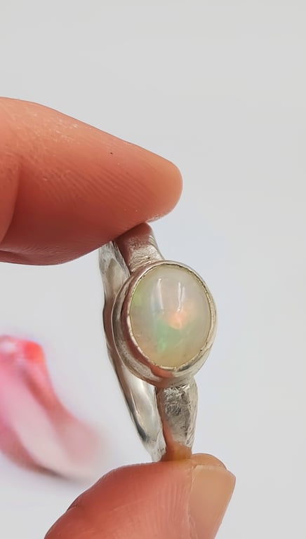 Handmade Silver Ring with White Ethiopian Opal : Size N