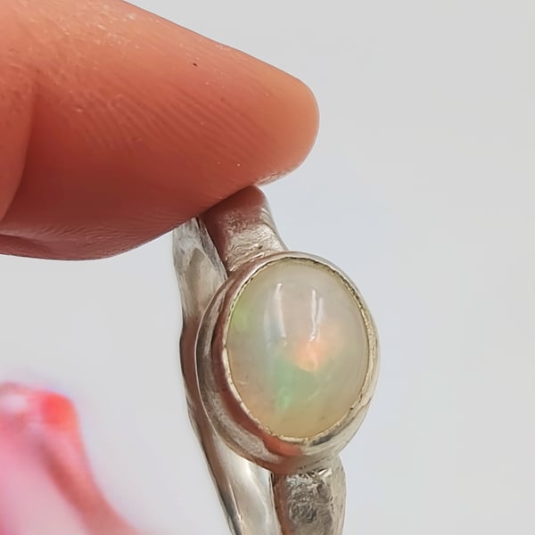 Handmade Silver Ring with White Ethiopian Opal : Size N