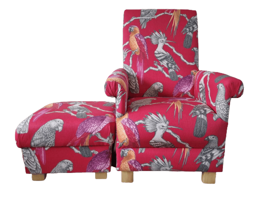 Armchair & Footstool Aviary Garden Pomegranate Fabric Chair Pouffe Birds Jungle