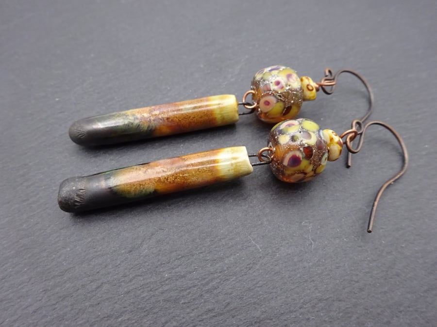 brown lampwork glass earrings, copper jewellery