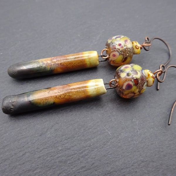 brown lampwork glass earrings, copper jewellery