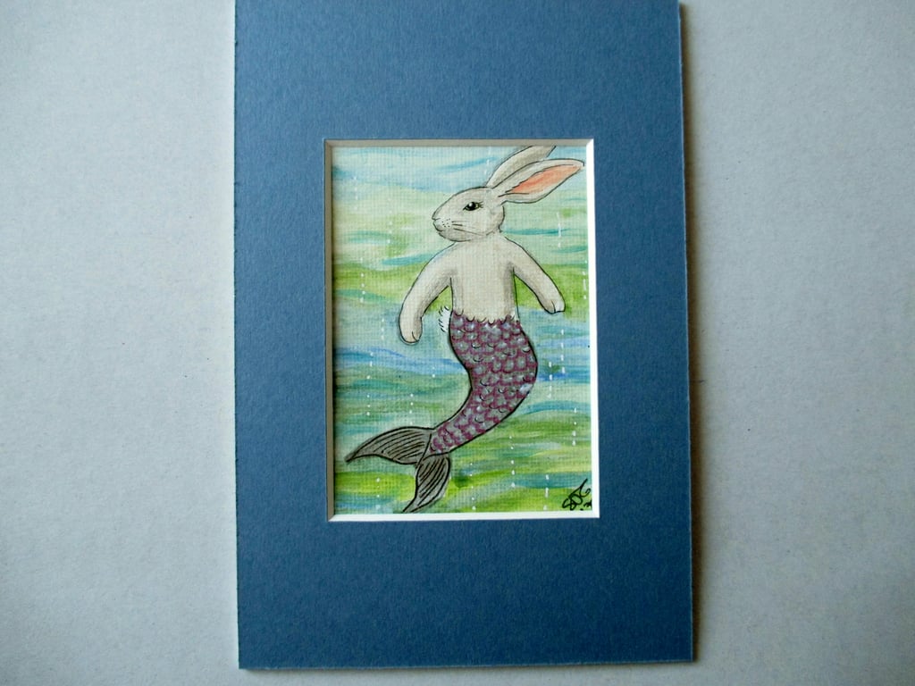 Merbunny Mermaid Bunny Rabbit ACEO original miniature painting in mount