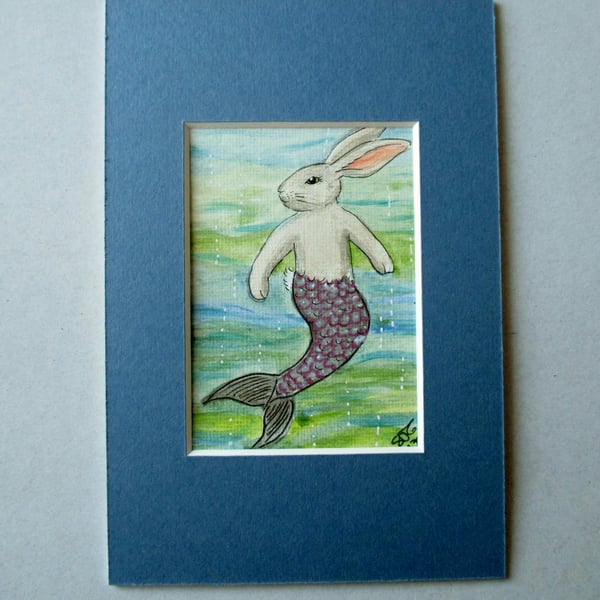 Merbunny Mermaid Bunny Rabbit ACEO original miniature painting in mount
