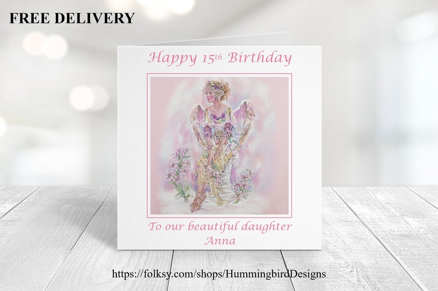 Personalised Angel Birthday Card. Anna. 