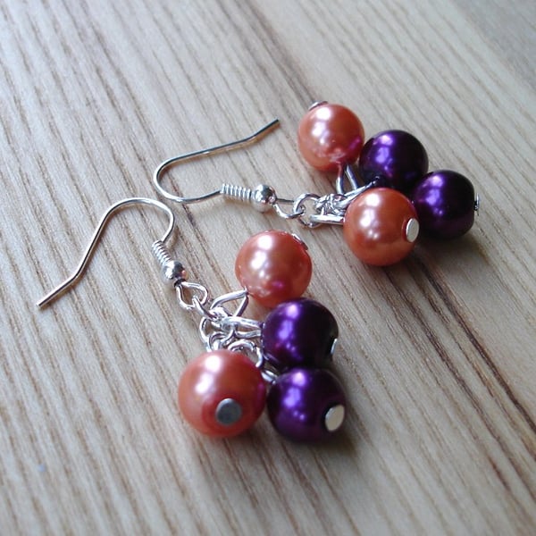 Purple and Peach Glass Faux Pearl Bead Cluster Earrings