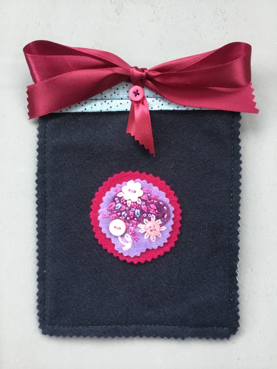 Hand Embroidered Navy Blue Felt Bag