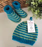 Designer Merino Wool Baby's Booties & Hat Set 0-3 months size - Image 2