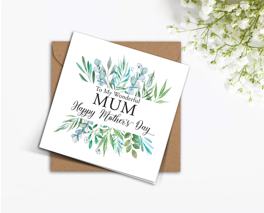 Green foliage leaves MOTHERS DAY card to my wonderful MUM, Mam Nan Nanna