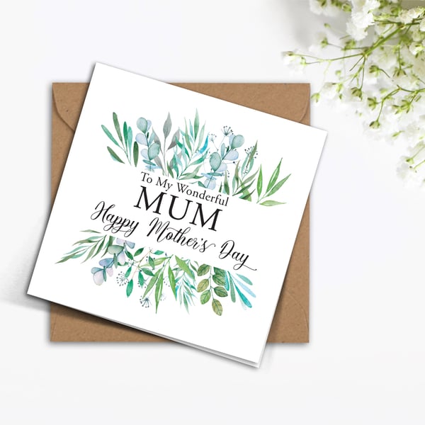 Green foliage leaves MOTHERS DAY card to my wonderful MUM, Mam Nan Nanna