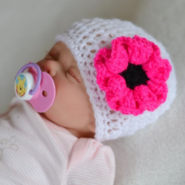 3 - 6 Months Baby Girl  Poppy Flower Hat, Newborn Beanie, Crochet, 
