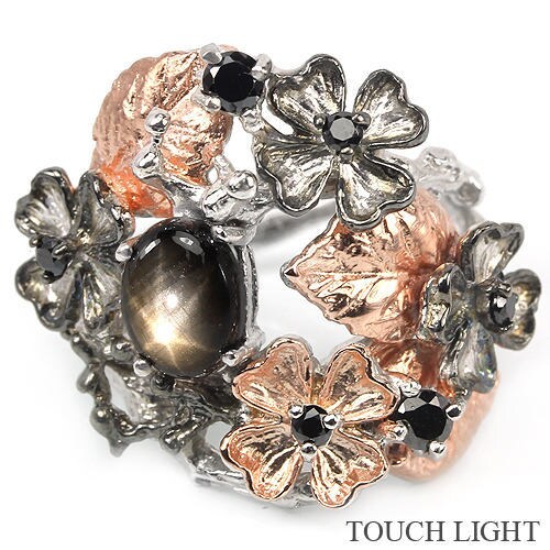 Black Sapphire  Romantic Art Nouveau style Floral Foliate Ring