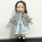 Elisa - Handmade Rag Girl Doll in Blue Dress and Grey Cardigan
