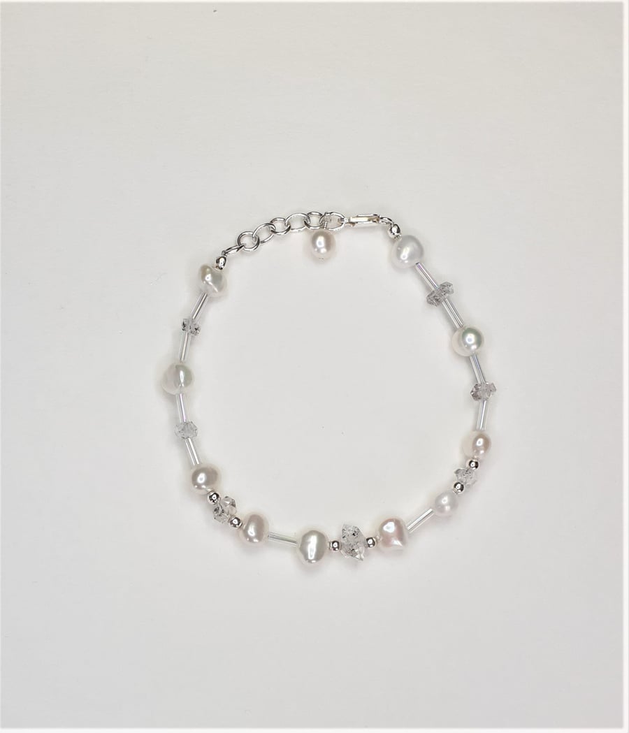 Herkimer Diamond Quartz Freshwater Pearl and Sterling Silver Extendable Bracelet
