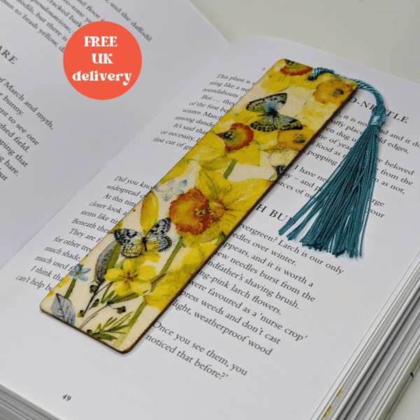 Wooden bookmark, spring daffodils & butterflies decoupaged design