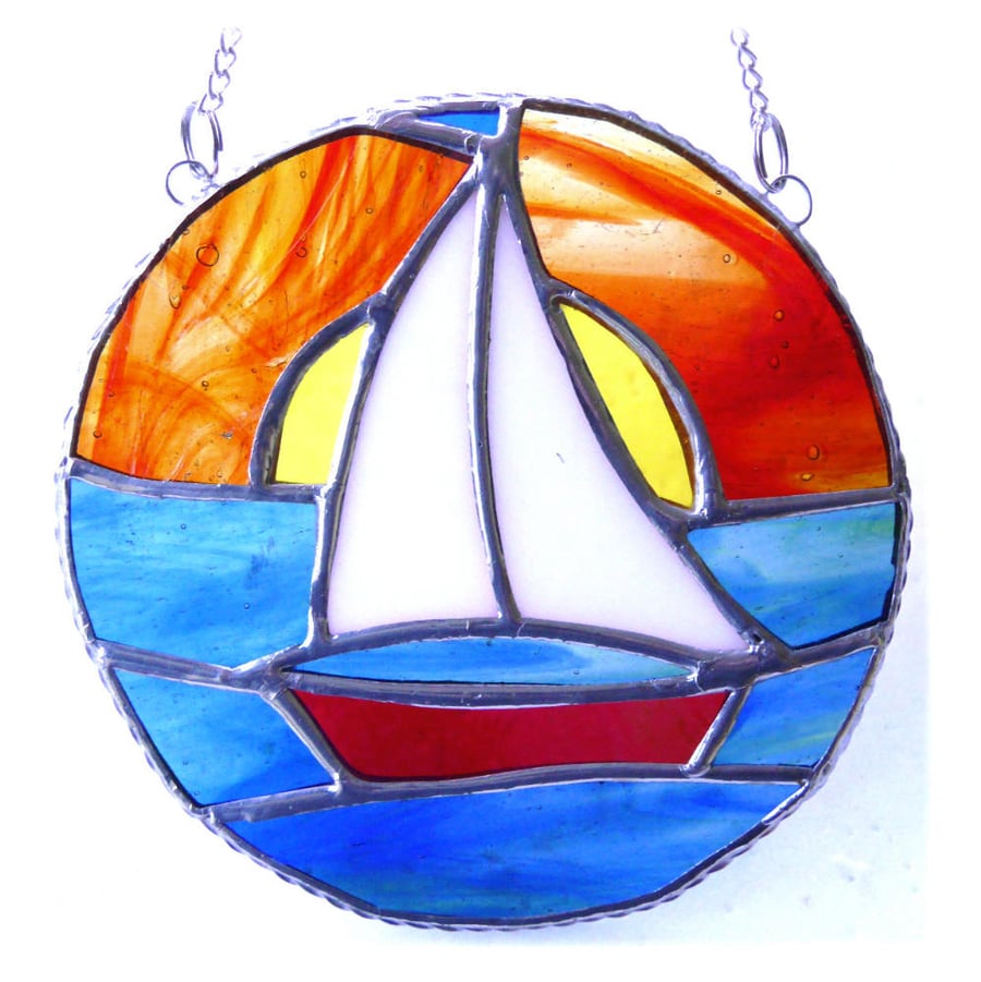 Sailboat Sunset Stained Glass Suncatcher Handmade Ring 015