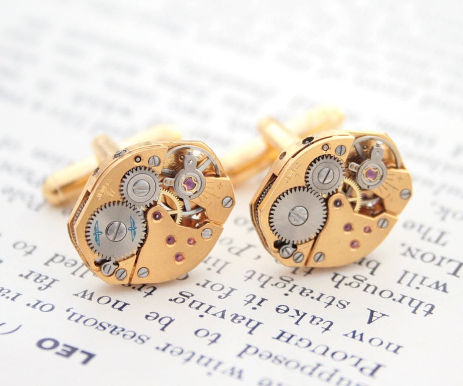 Gold Cufflinks Made of Antique Watch Mechanisms in Steampunk Style for Geek