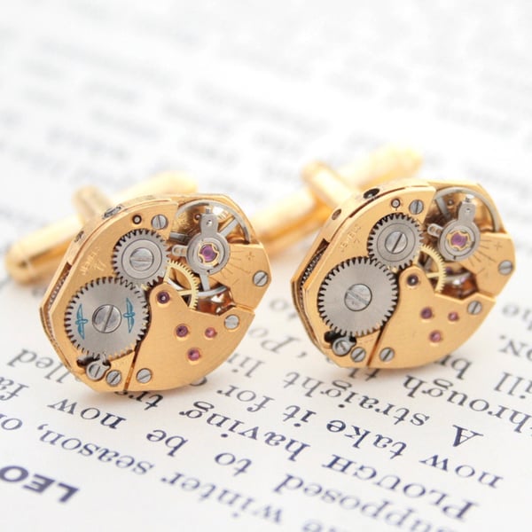 Gold Cufflinks Made of Antique Watch Mechanisms in Steampunk Style for Geek